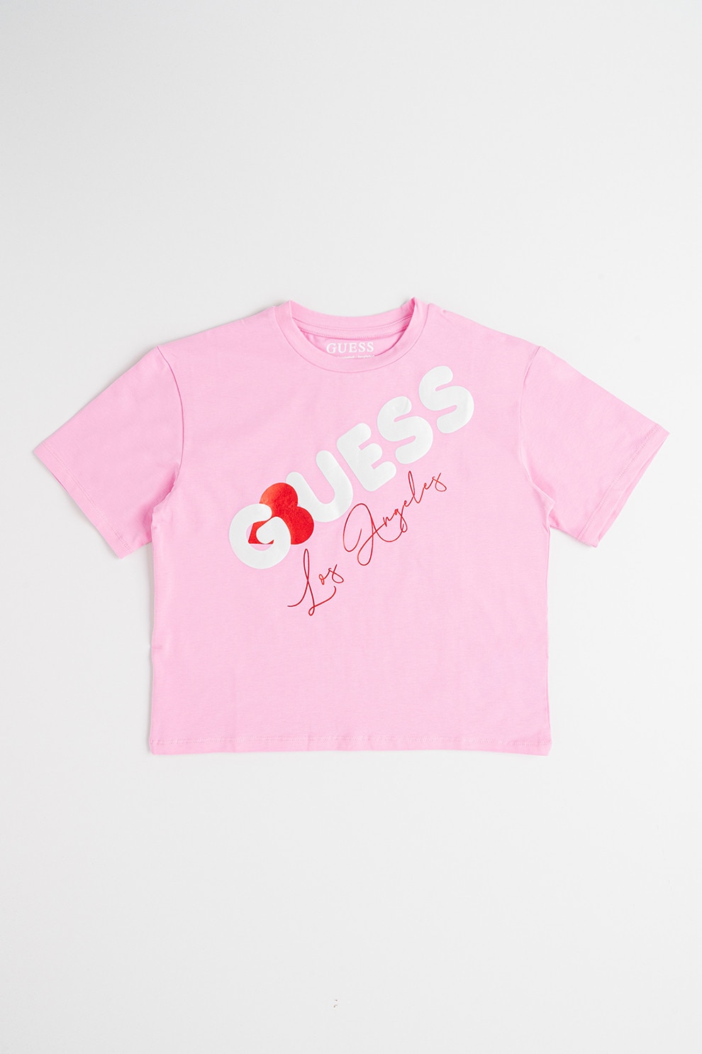 GUESS KIDS, Tricou cu imprimeu logo si decolteu la baza gatului, Alb, Roz, 157-166 CM