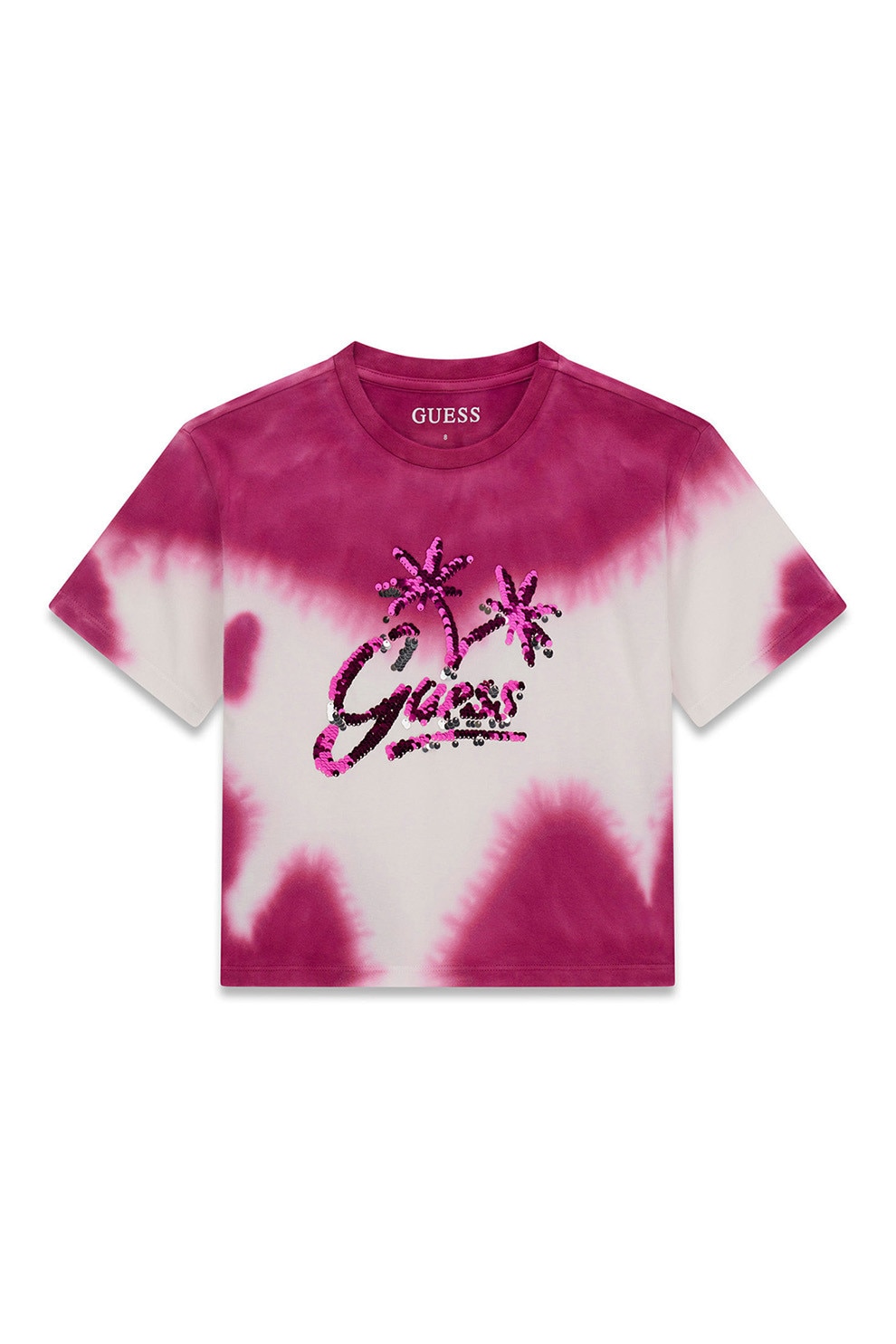 GUESS KIDS, Tricou cu model tie-dye si imprimeu logo cu paiete, Alb, Visiniu, 167 CM
