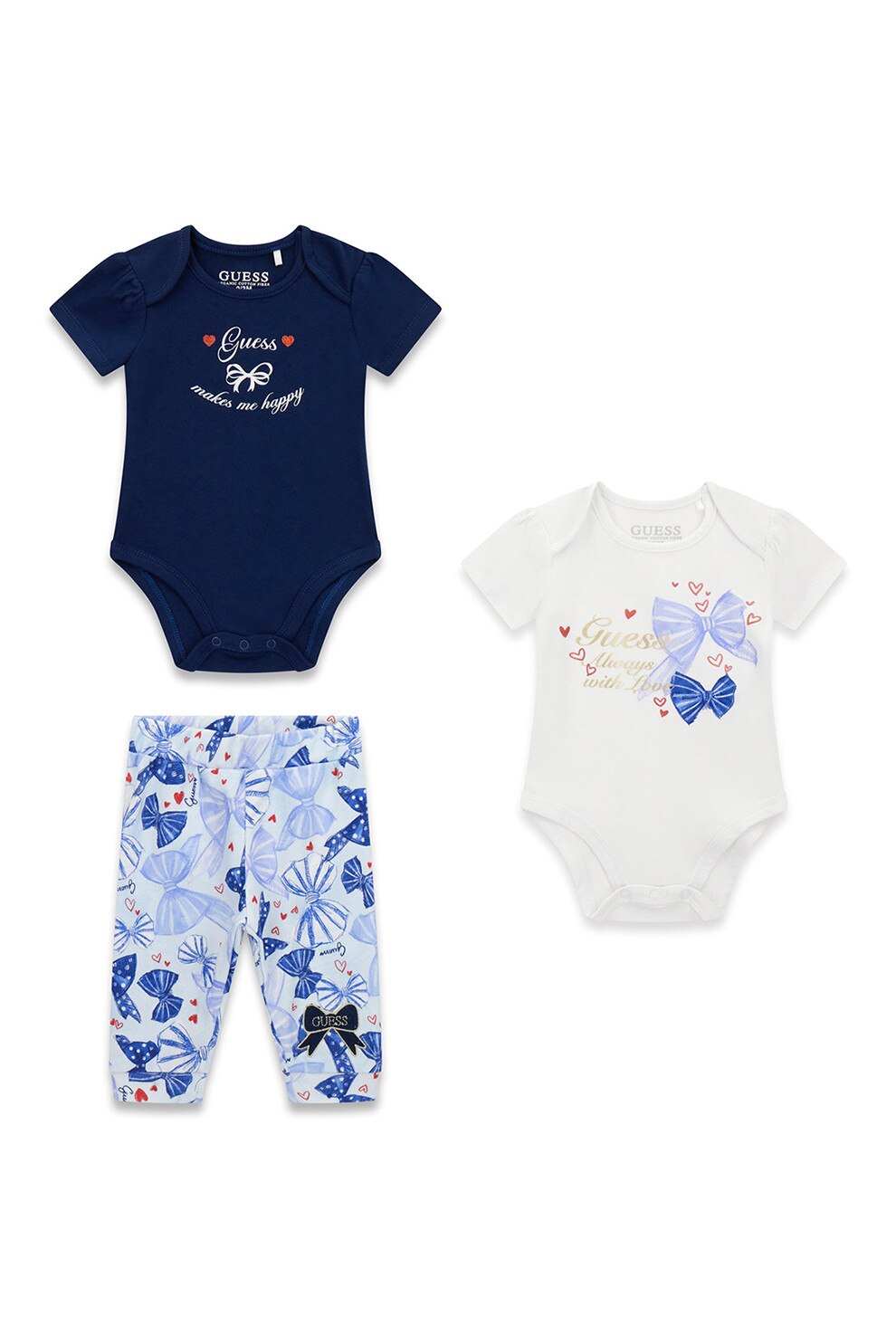 GUESS KIDS, Set de body-uri cu imprimeu si pantaloni - 3 piese, Albastru, Alb murdar, 62-68 CM