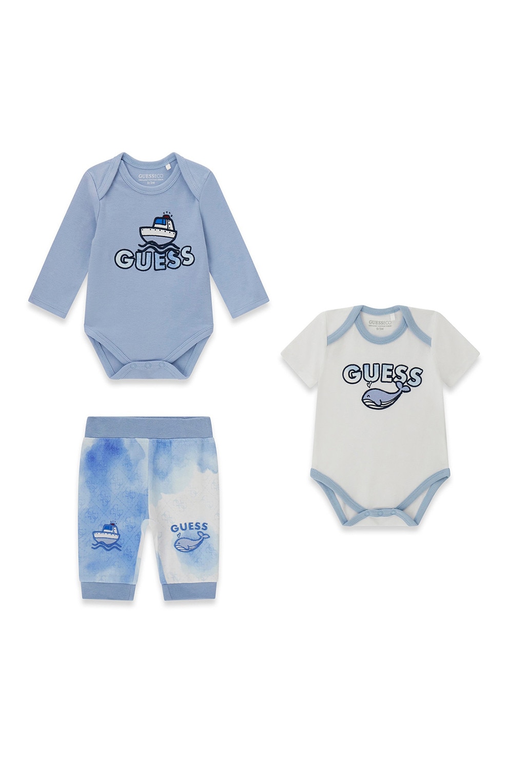 GUESS KIDS, Set de body cu imprimeu si pantaloni - 3 piese, Alb, Albastru prafuit, 68-76 CM