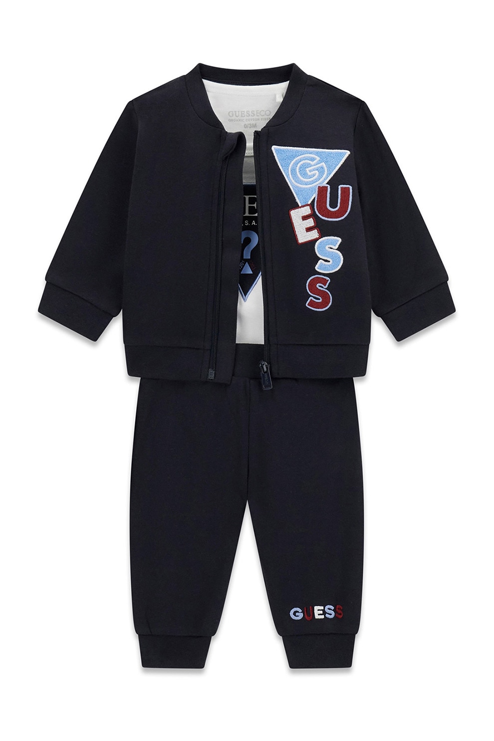 GUESS KIDS, Set de trening si body cu logo - 3 piese, Alb, Albastru ultramarin, 62-68 CM