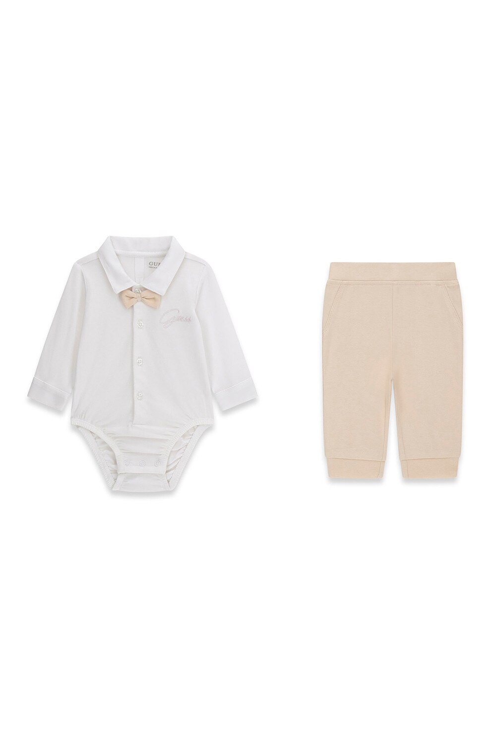 GUESS KIDS, Set de body din amestec de bumbac si pantaloni de trening - 2 piese, Maro nisip, Alb murdar, 62-68 CM