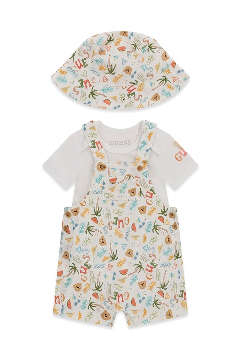 GUESS KIDS, Set de salopeta scurta cu imprimeu, body si caciula -3 piese, Maro deschis/Alb murdar