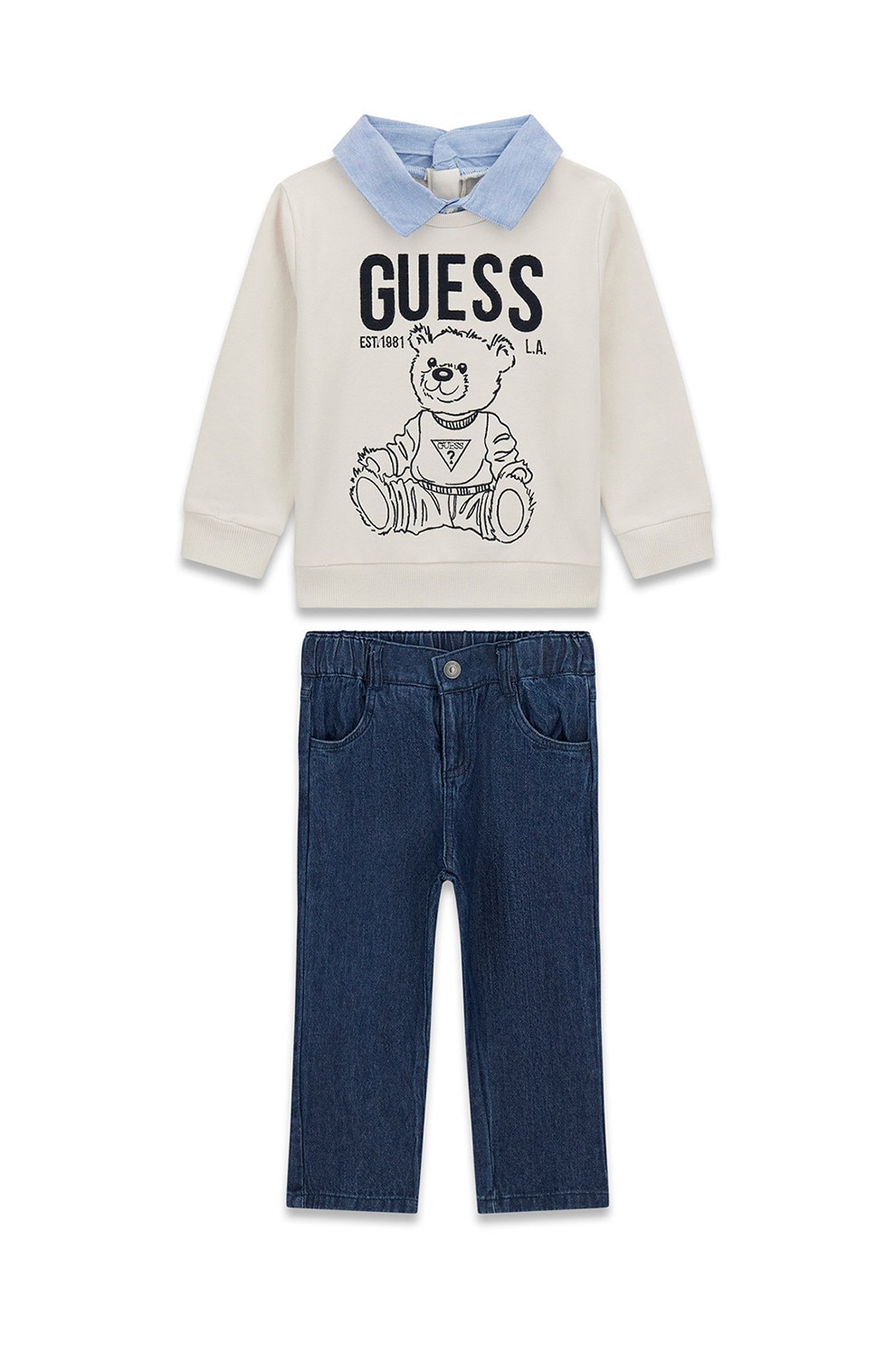 GUESS KIDS, Set de bluza de trening si blugi - 2 piese, Alb fildes, Albastru inchis, 118-122 CM