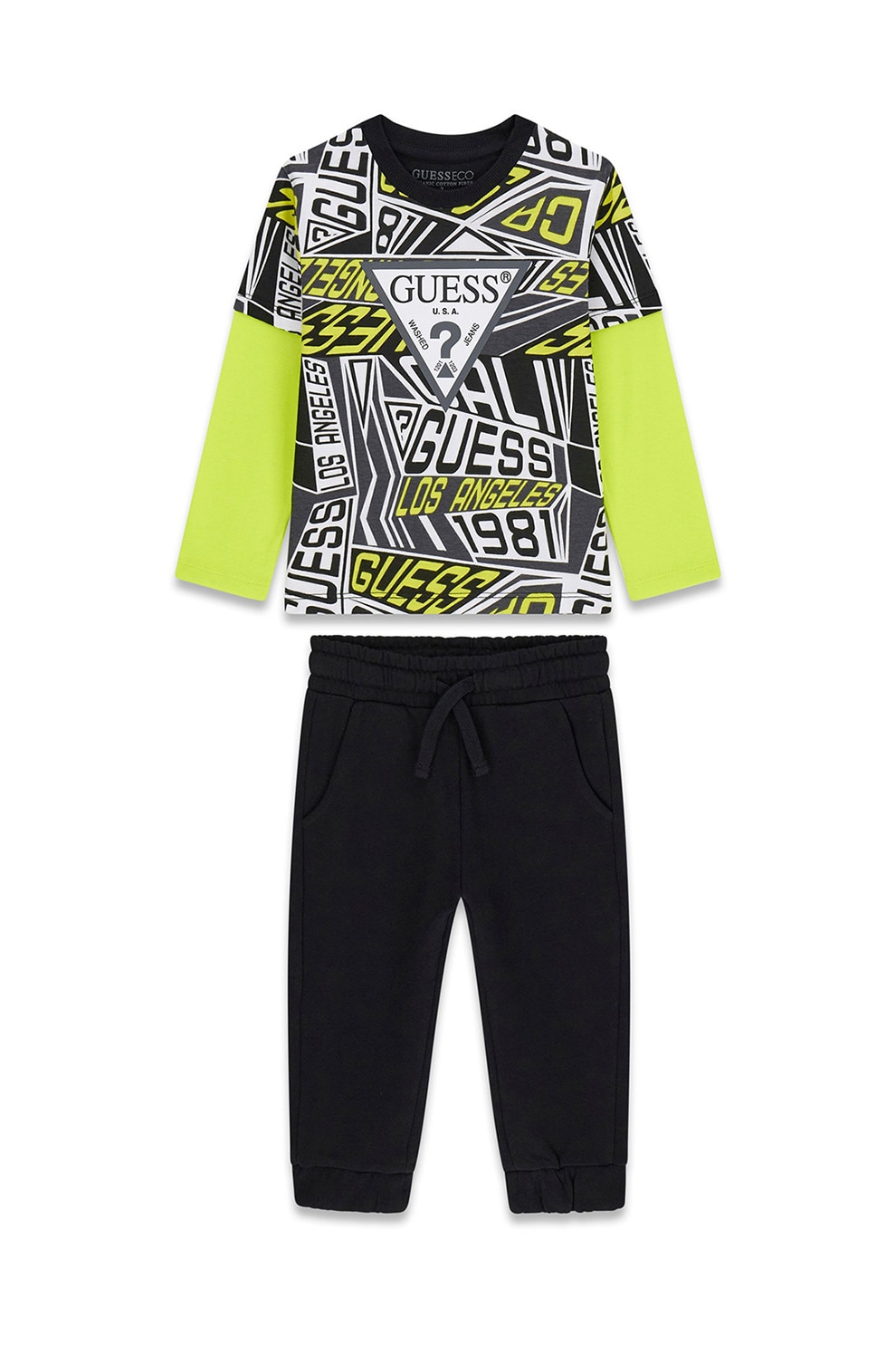 GUESS KIDS, Set de bluza cu imprimeu si pantaloni de trening - 2 piese, Verde lime, Negru, 118-122 CM