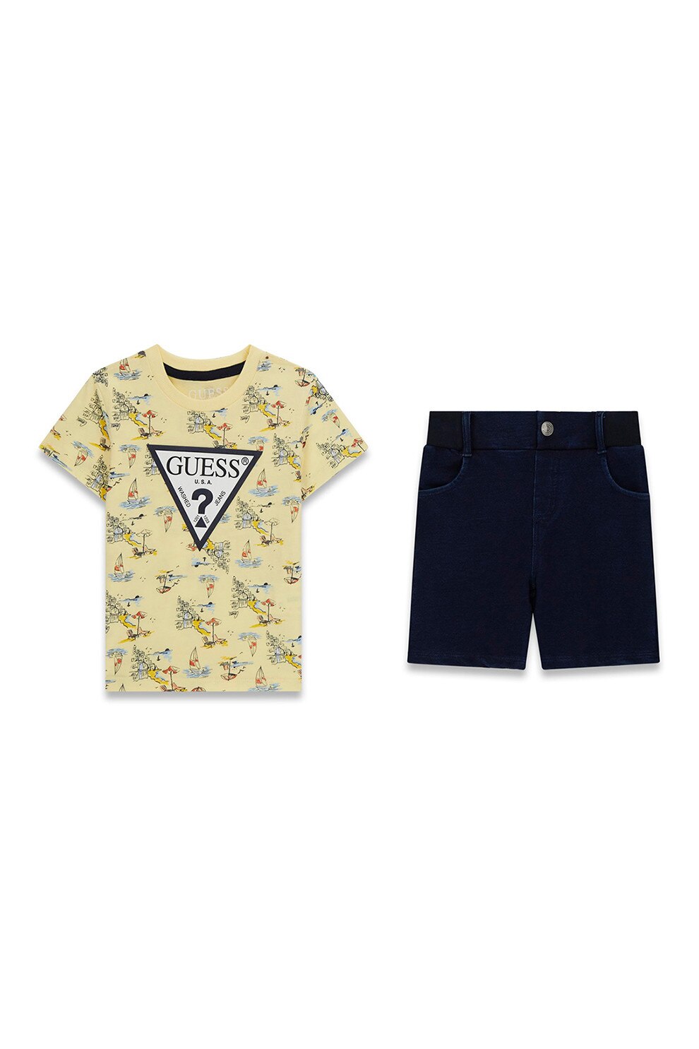 GUESS KIDS, Set de tricou si bermude din denim, Galben pal, Bleumarin, 118-122 CM