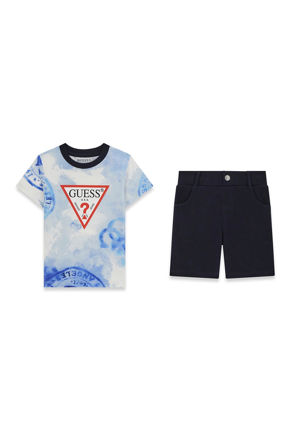 GUESS KIDS, Set de tricou si bermude, Albastru pal, Negru, 96-104 CM