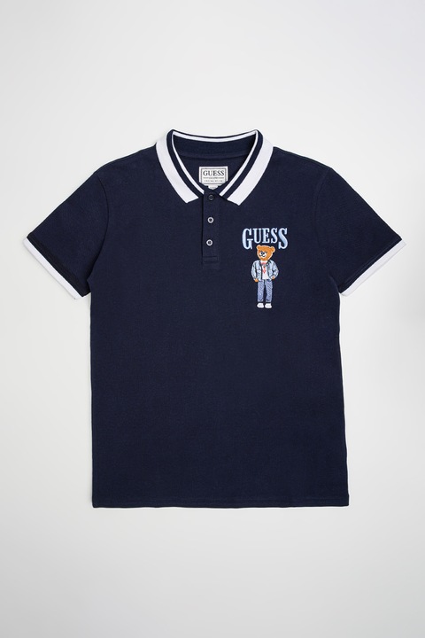 GUESS KIDS, Tricou cu imprimeu logo si guler polo, Albastru pastel/Albastru ultramarin