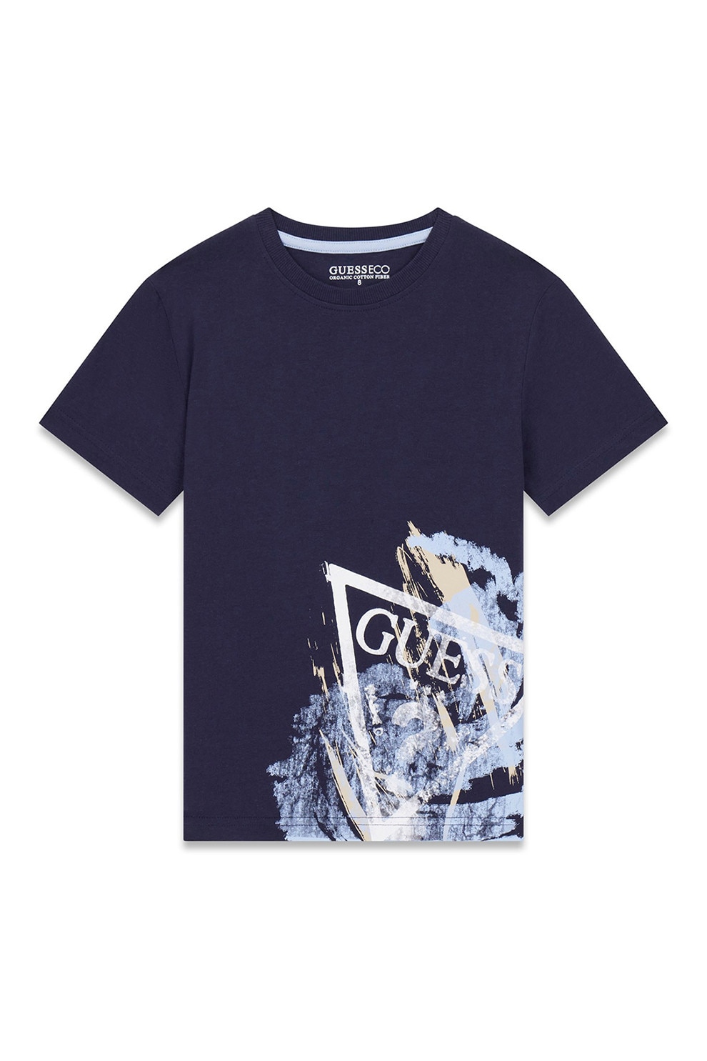 GUESS KIDS, Tricou cu decolteu rotund si imprimeu logo, Alb murdar, Bleumarin, 125-135 CM