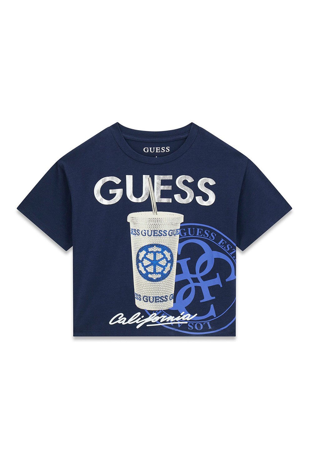 GUESS KIDS, Tricou cu aplicatii de strasuri, Alb, Bleumarin, 136-146 CM