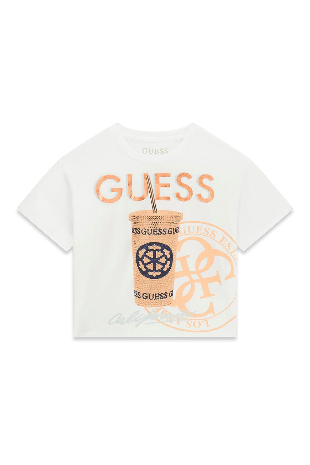GUESS KIDS, Tricou cu aplicatii de strasuri, Alb, Maro scortisoara, 136-146 CM