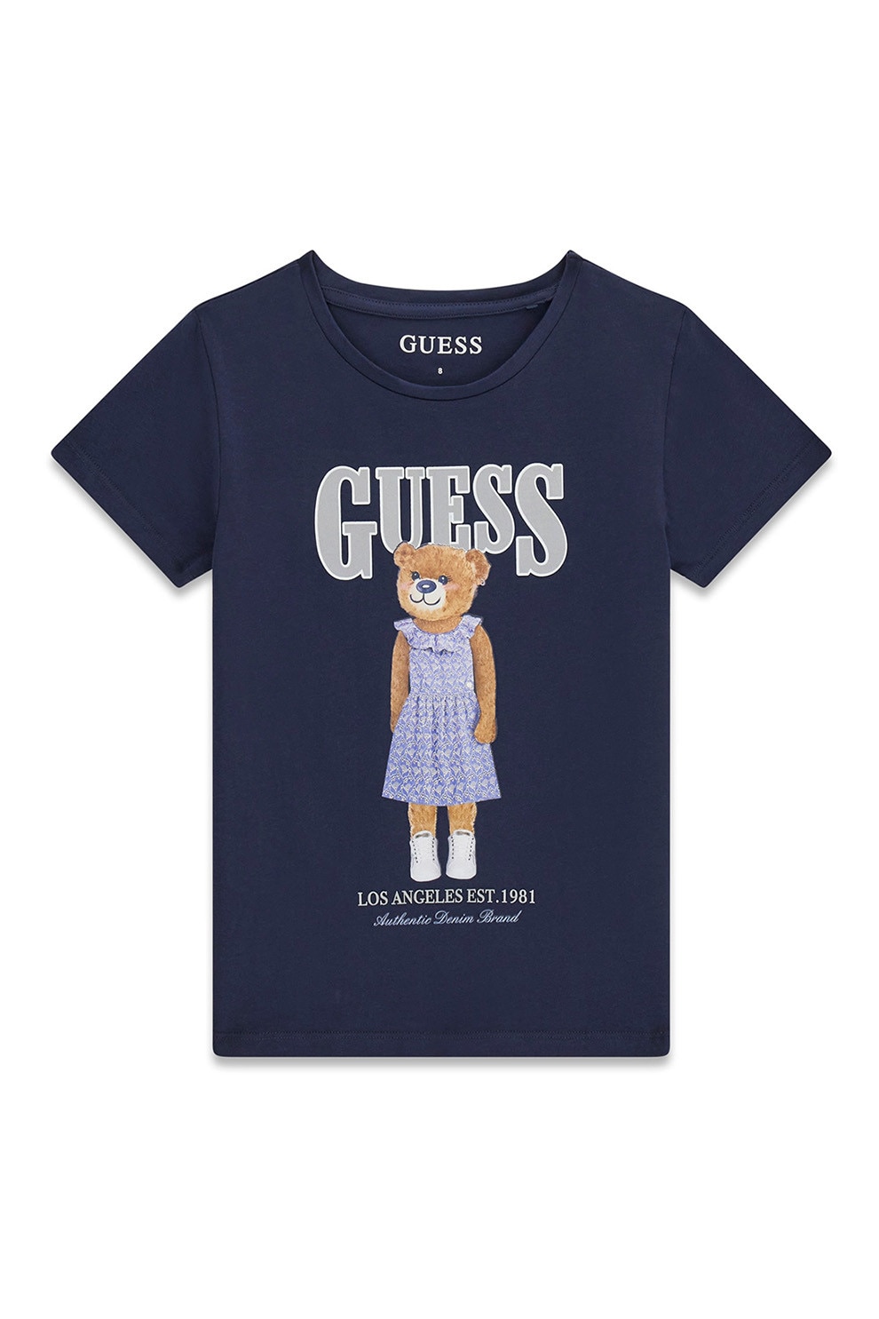 GUESS KIDS, Tricou cu logo si imprimeu cu ursulet, Alb, Maro, Albastru ultramarin, 147-157 CM