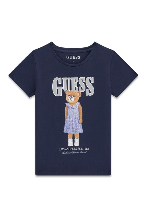 GUESS KIDS, Tricou cu logo si imprimeu cu ursulet, Alb/Maro/Albastru ultramarin