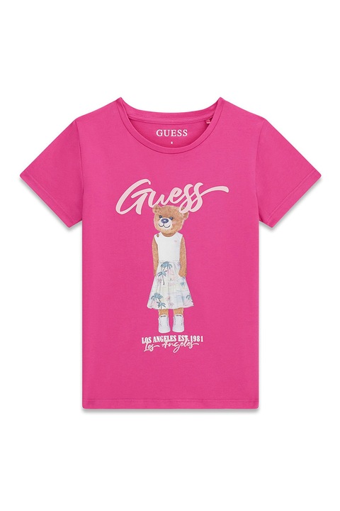 GUESS KIDS, Tricou cu logo si imprimeu cu ursulet, Alb/Fucsia