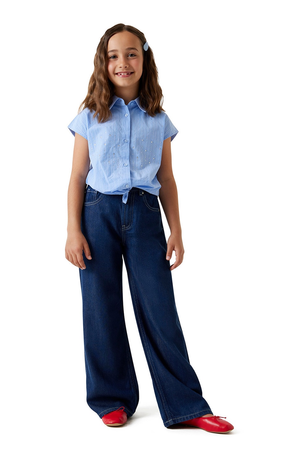 GUESS KIDS, Blugi cu croiala ampla si talie inalta, Albastru inchis, 157-166 CM