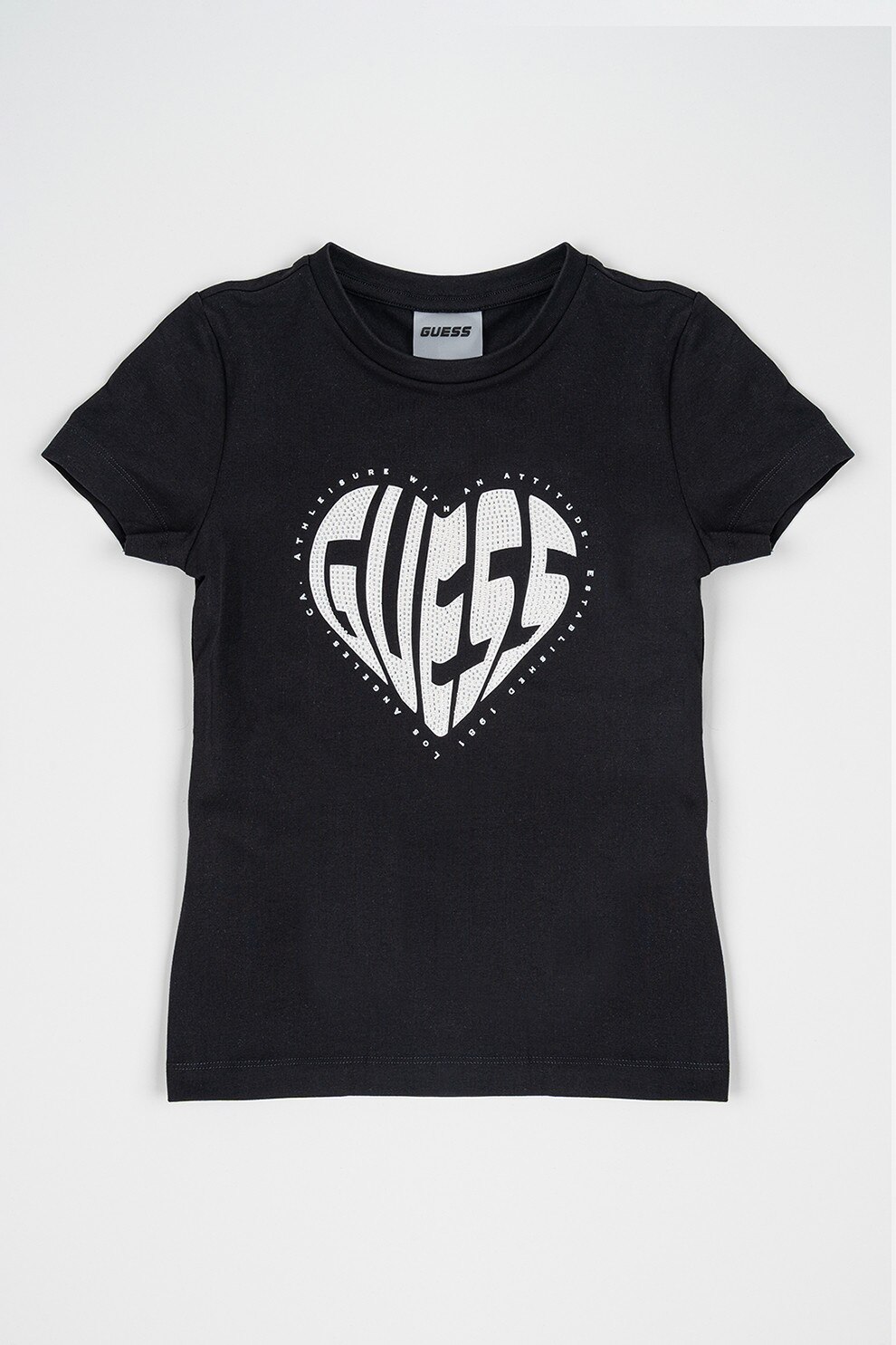 GUESS KIDS, Tricou din amestec de bumbac cu logo din strasuri, Negru, Argintiu, 157-166 CM