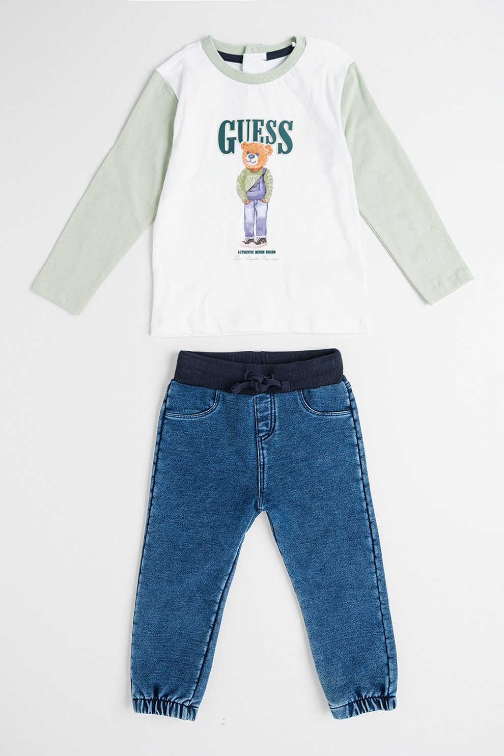 GUESS KIDS, Set de blugi si bluza de bumbac - 2 piese, Alb, Verde, Albastru, 68-76 CM