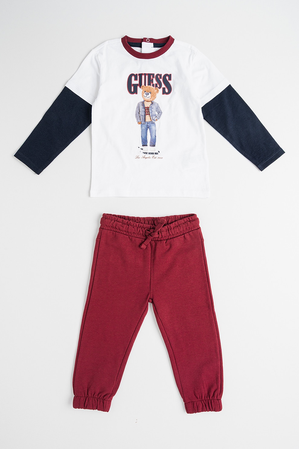 GUESS KIDS, Set de pantaloni si bluza cu imprimeu - 2 piese, Alb, Visiniu, Bleumarin, 55-62 CM