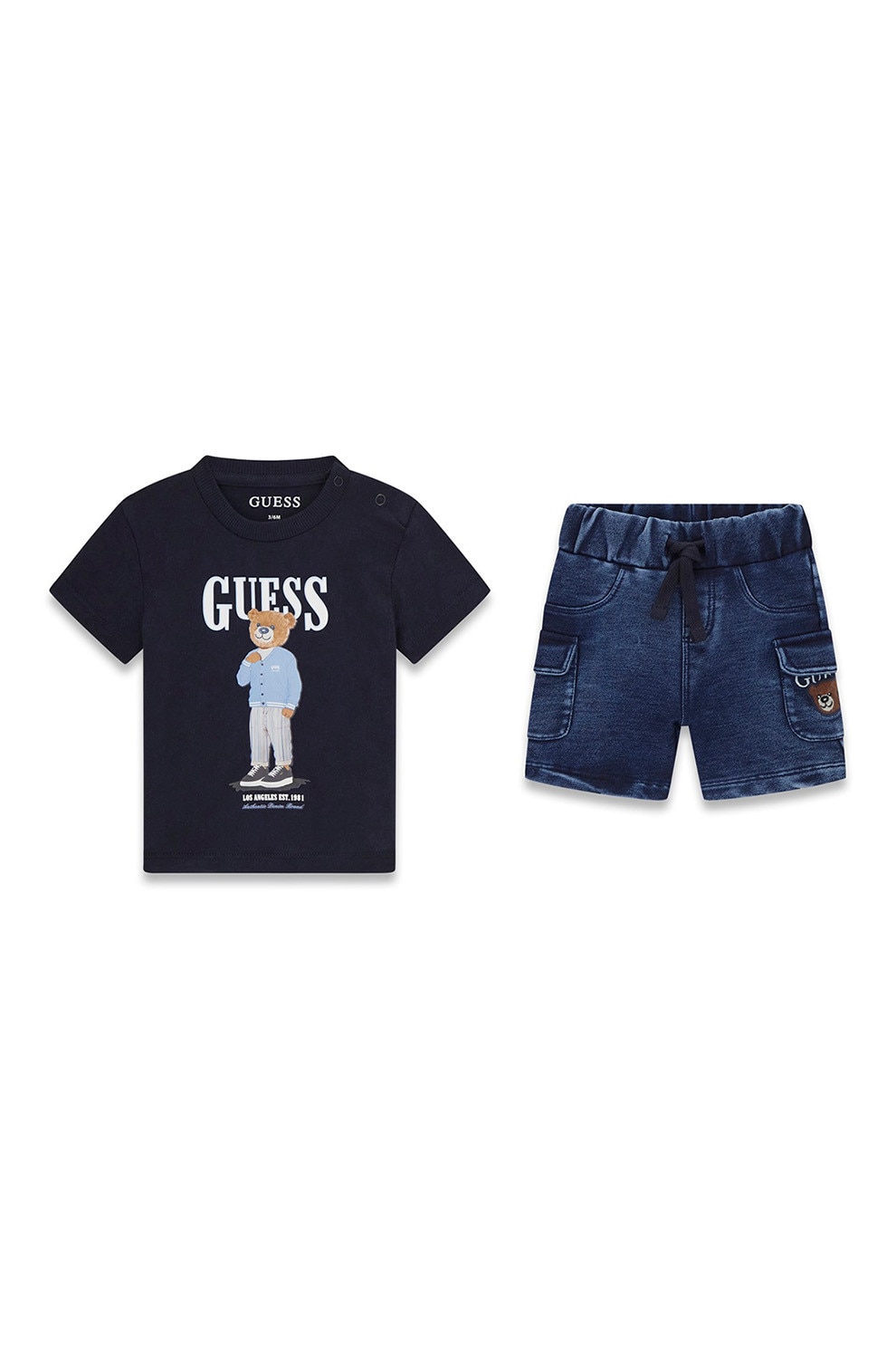 GUESS KIDS, Set de tricou si pantaloni scurti cu logo si imprimeu grafic, Albastru inchis, Albastru ultramarin, 54-60 CM