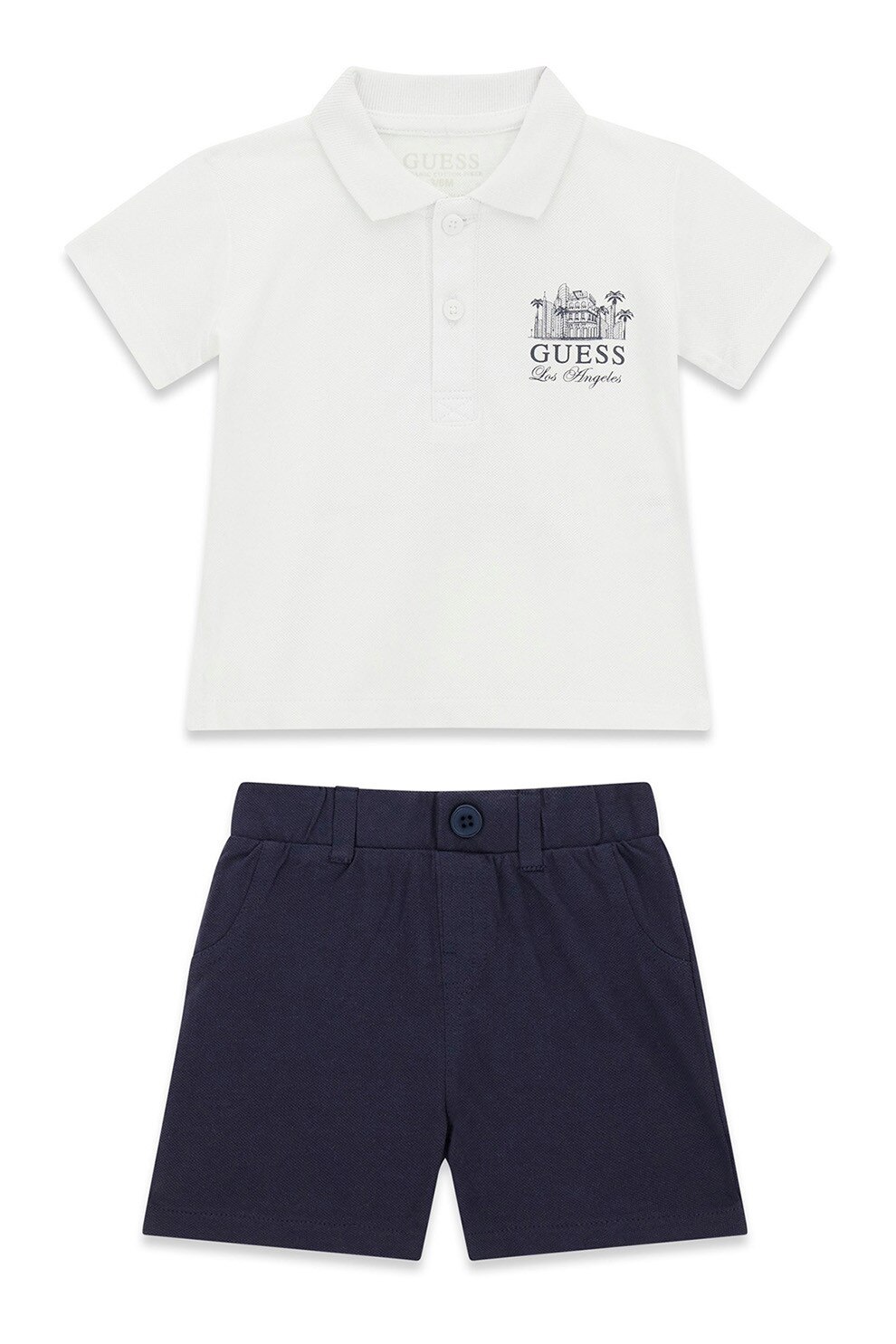GUESS KIDS, Set de trricou polo si pantaloni scurti cu imprimeu logo, Alb, Albastru ultramarin, 62-68 CM