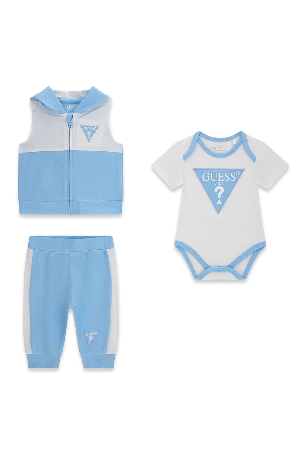 GUESS KIDS, Set de haine din amestec de bumbac - 3 piese, Alb, Albastru azur, 68-76 CM