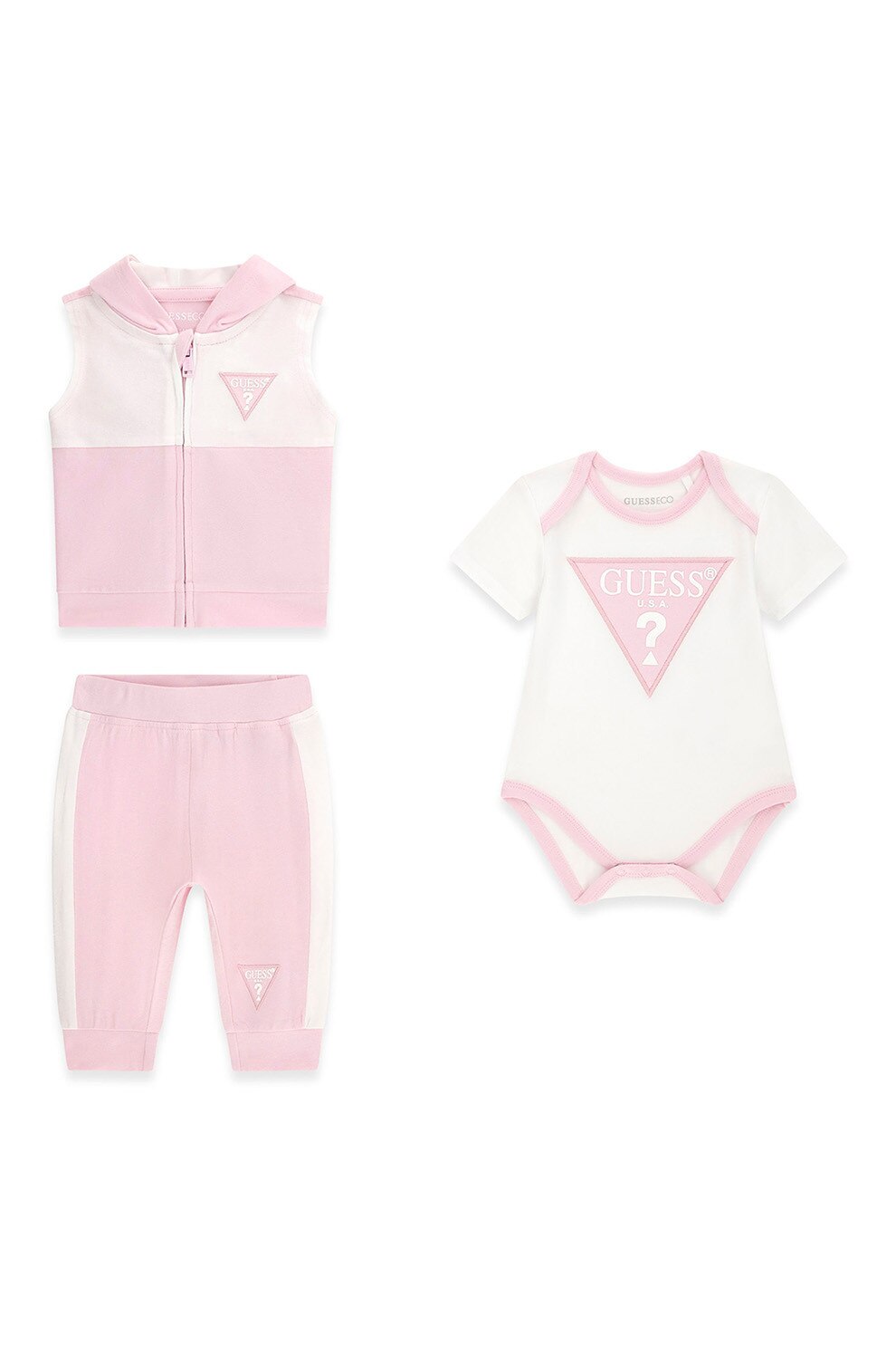 GUESS KIDS, Set de haine din amestec de bumbac - 3 piese, Alb, Roz, 68-76 CM