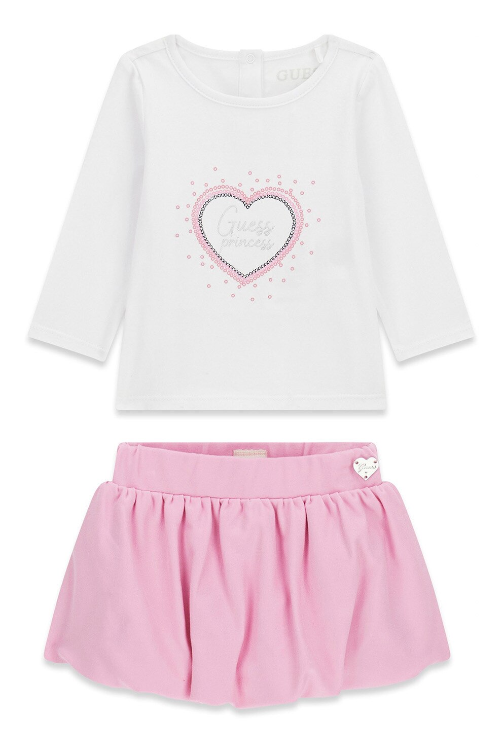 GUESS KIDS, Set de bluza cu logo si fusta bufanta, Alb, Roz, 68-76 CM
