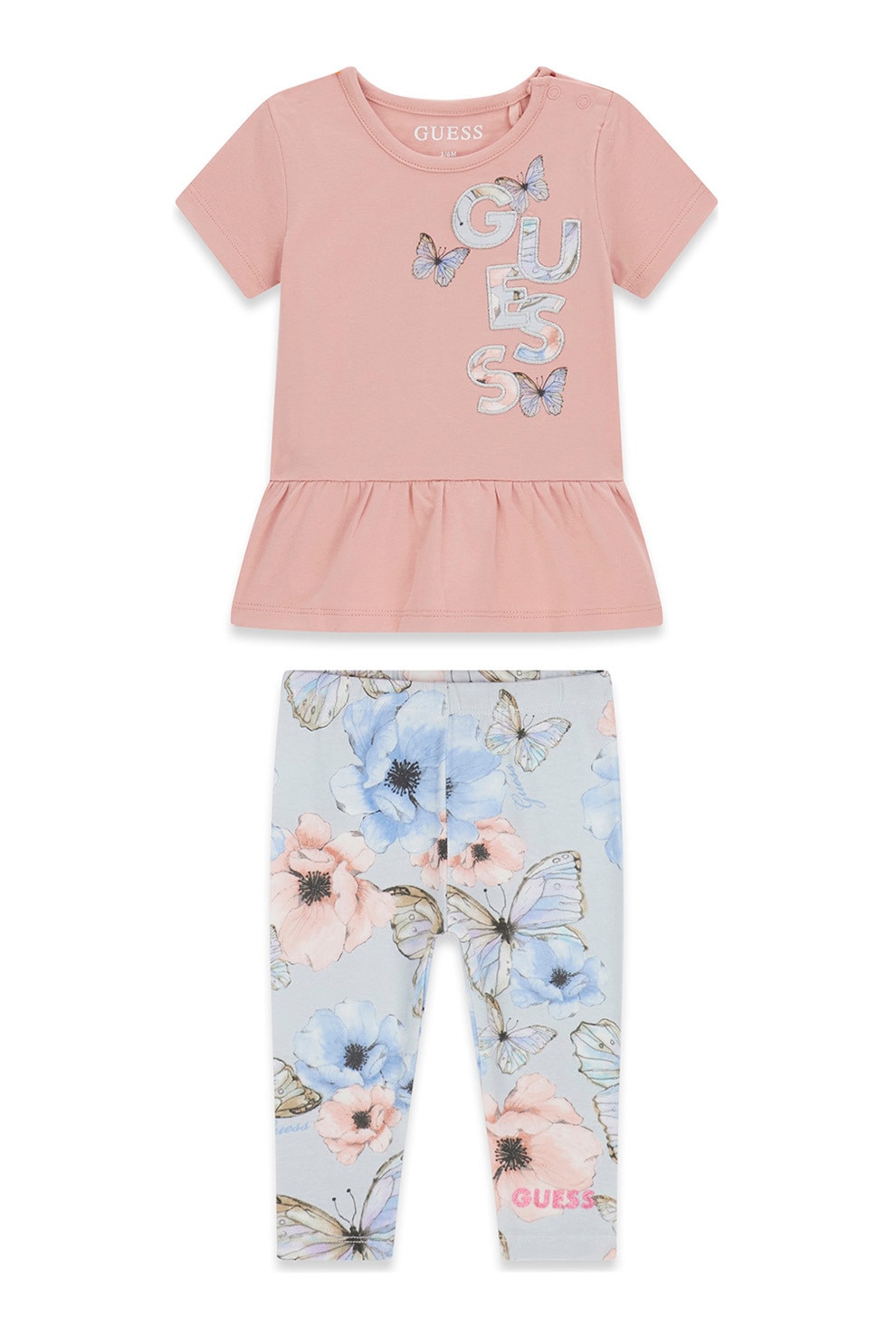 GUESS KIDS, Set de colanti si tricou cu fluture, Albastru pastel, Roz prafuit, 68-76 CM