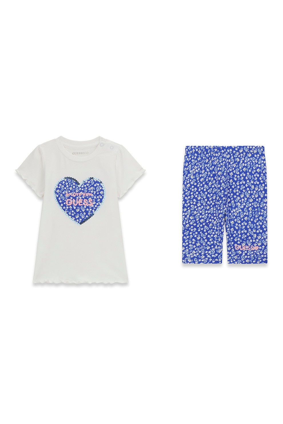 GUESS KIDS, Set de tricou si bermude, Alb fildes, Albastru royal, 54-60 CM