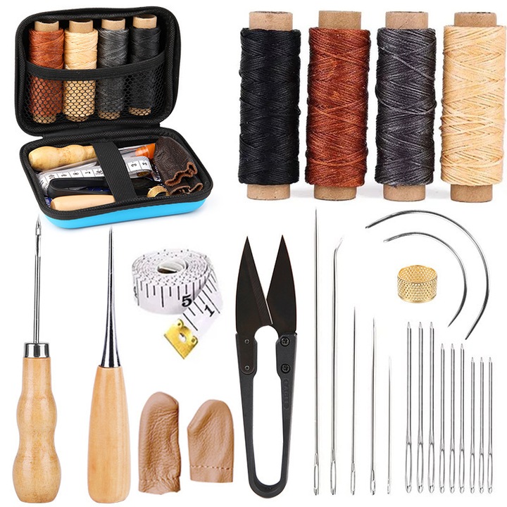 Set unelte de cusut din piele, TodyJeyHo, ata cerata, ace, pentru reparatii mobilier, proiecte DIY