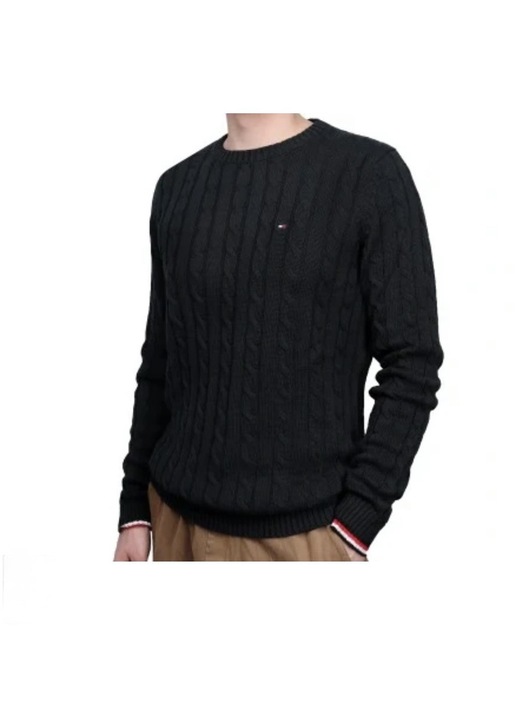 Férfi pulóver, Tommy Hilfiger, csavart mintás, fekete, Fekete