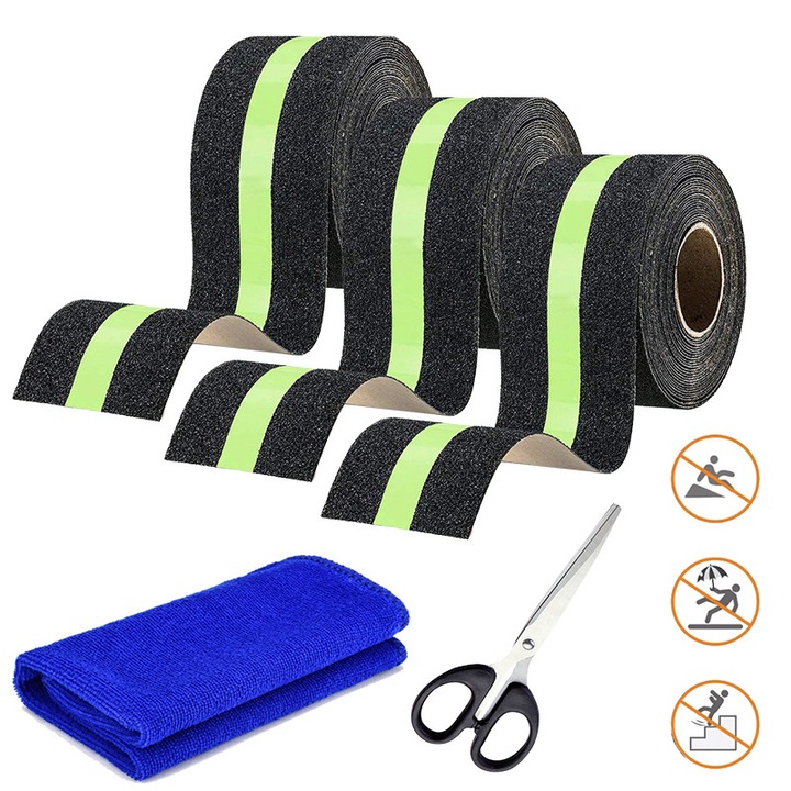 Лента, антиприплъзваща, самозалепваща, черна със светещо зелено за вътрешни и външни стълби и стъпала, 5 см x 5 м, 3 обема, приложение върху метал, дърво, плочки, цимент, абразивна с високо сцепление, стъпала, PEVA, зелена