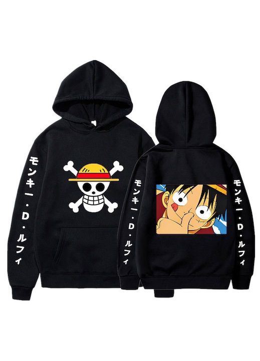 Hanorac cu gluga, imprimeu anime One Piece, casual, unisex, negru, tip pulover, S INTL