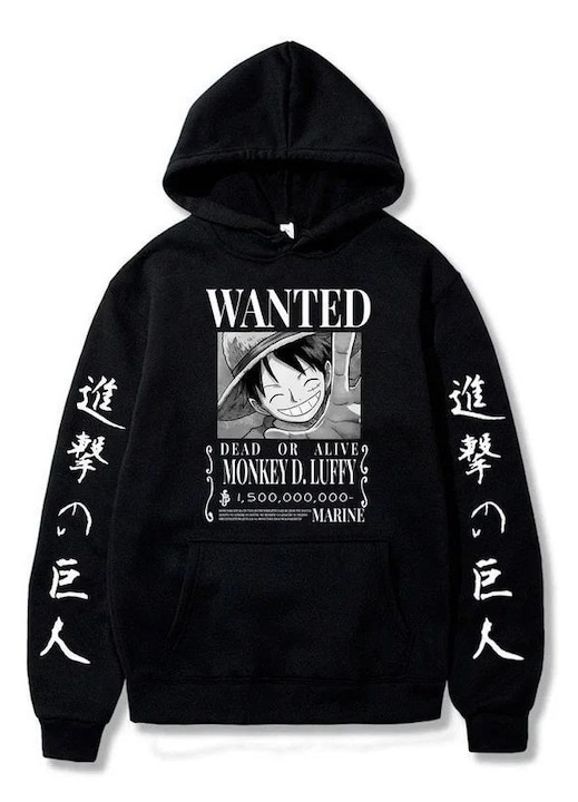Hanorac cu gluga, imprimeu anime One Piece, maneca lunga, casual, unisex, negru, bumbac, S INTL