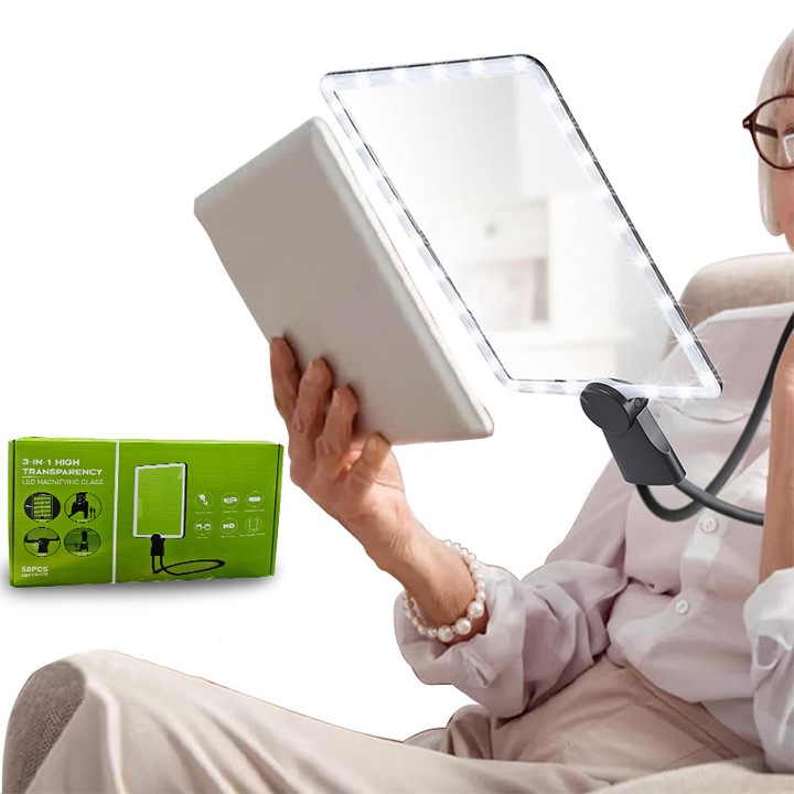 Lupa iluminare cu LED, 50 lumini, Portabila, dimensiune 18.7x25.7cm, Hands-free, 5x, 1000 mAh, Potrivita pentru citit, Cusut, design flexibil, incarcare USB, neagra