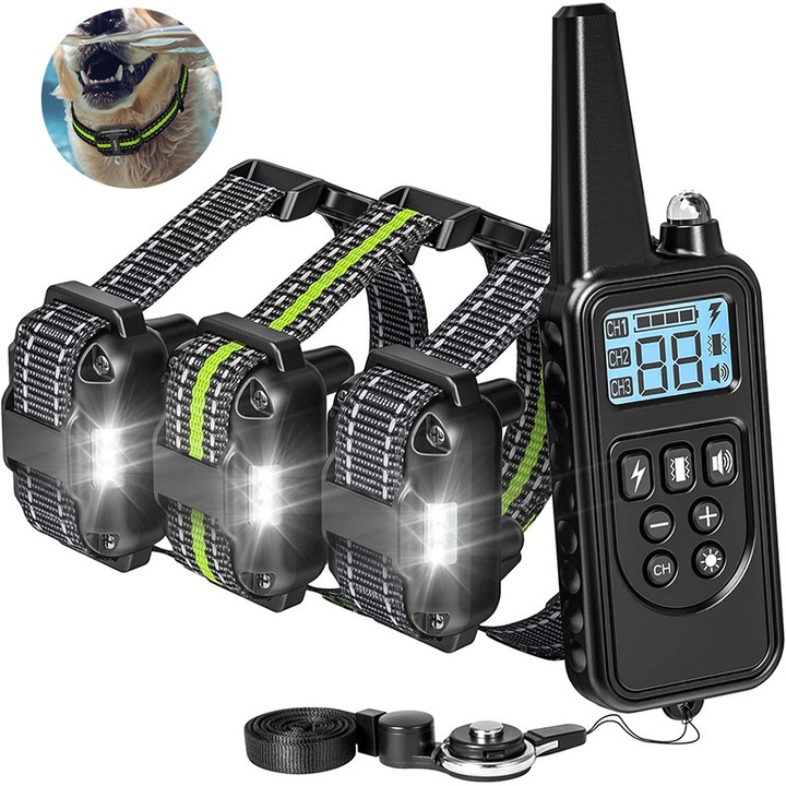 Zgarda Electrica Profesionala pentru Dresaj, 3 Caini, Reincarcabila, 99 Nivele, Reglabila 19.5-66.5cm, 3 Moduri de Antrenament Soc/Vibratii/Sonor/, IP68, Iluminare LED, Raza 1000m, Rezistenta la Apa/Praf, Electrozi Cauciucati, Display LED