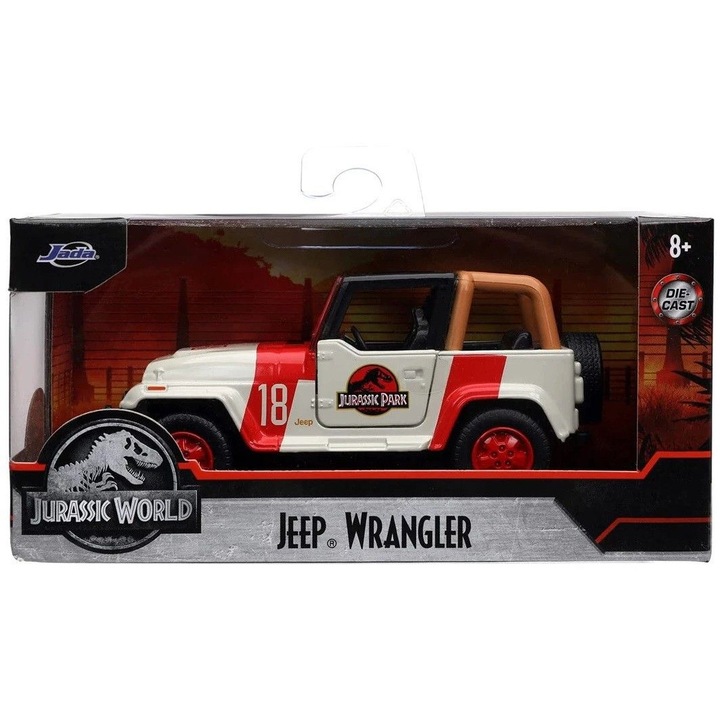 Mașinuță metalică Jeep Wrangler Jurassic Park, 1:32, multicolor, cu uși deschise
