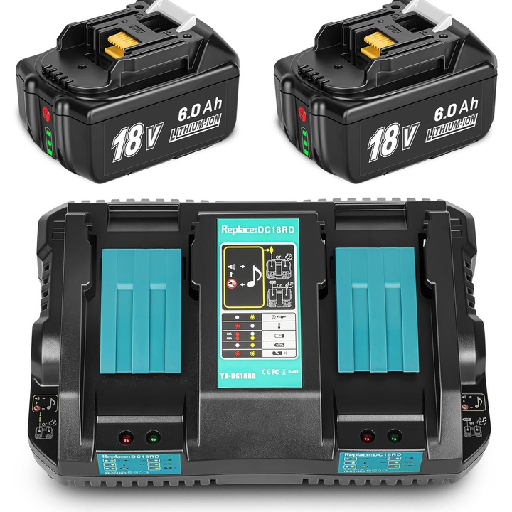 Set 2 Acumulator Li-Ion 18V 6000mAh si Incarcator Rapid Dual Universal Makita DC18RD, Bedee, Indicator LED, Compatibil Makita BL1860 BL1860B BL1850B BL1850 BL1840B BL1830B LXT-400, Negru