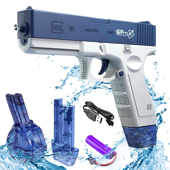 Pistol electric cu apa, Bedee, 10m raza, 2 clip, incarcare USB, 500mAh, Foc rapid automat, 20.5 x 16 x 3 cm, Albastru