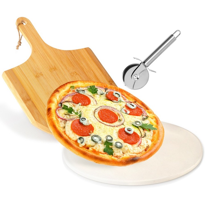 Set pentru pizza cu piatră, spatulă de bambus și cuțit, pentru coacerea și servirea pizzei