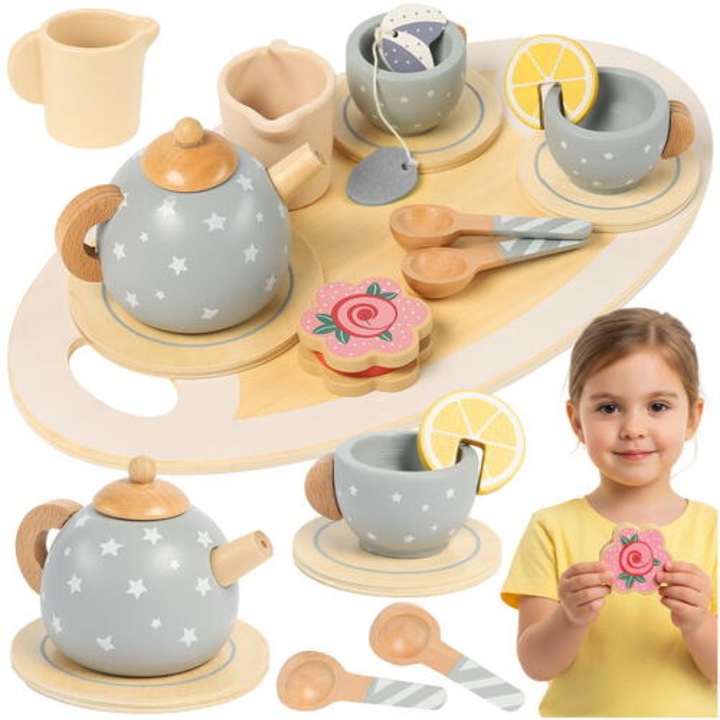 Set de ceai din lemn pentru copii cu accesorii, Montessori, 15 piese, Verde pastel