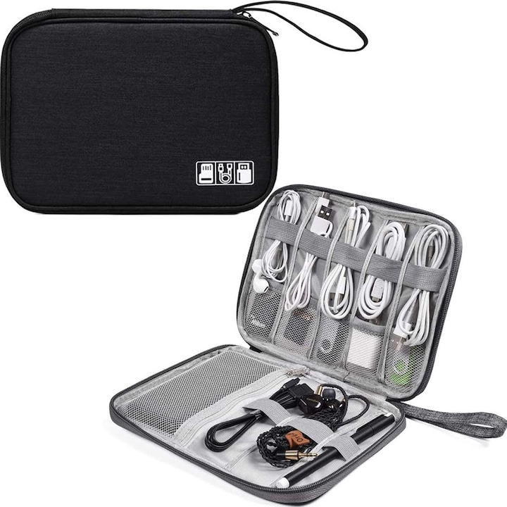 Geanta textila pentru depozitarea cablurilor, castilor, accesoriilor electronice, Tecos®, inchidere cu fermoar, curele elastice, impermeabil, 24, 5x18x10cm, negru
