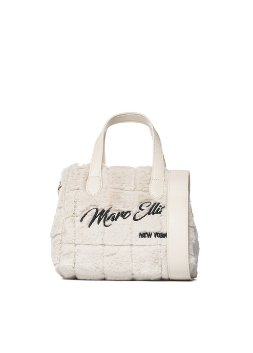 Marc Ellis, Geanta din material textil cu bareta de umar si imprimeu logo, Alb murdar