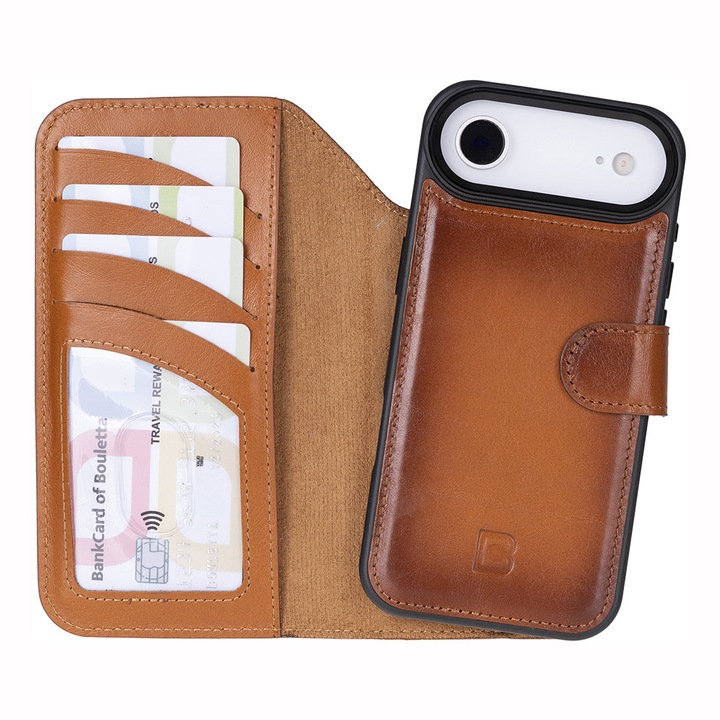 iPhone Air készülékkel kompatibilis tok Bouletta Magic Wallet, 2 az 1-ben természetes bőrtok, Magsafe-vel, pénztárca + back cover típus, Burnished tan, Barna