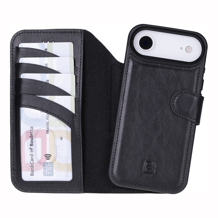 iPhone Air készülékkel kompatibilis tok Bouletta Magic Wallet, 2 az 1-ben természetes bőrtok, Magsafe-vel, pénztárca + back cover típus, Rustic black, Fekete