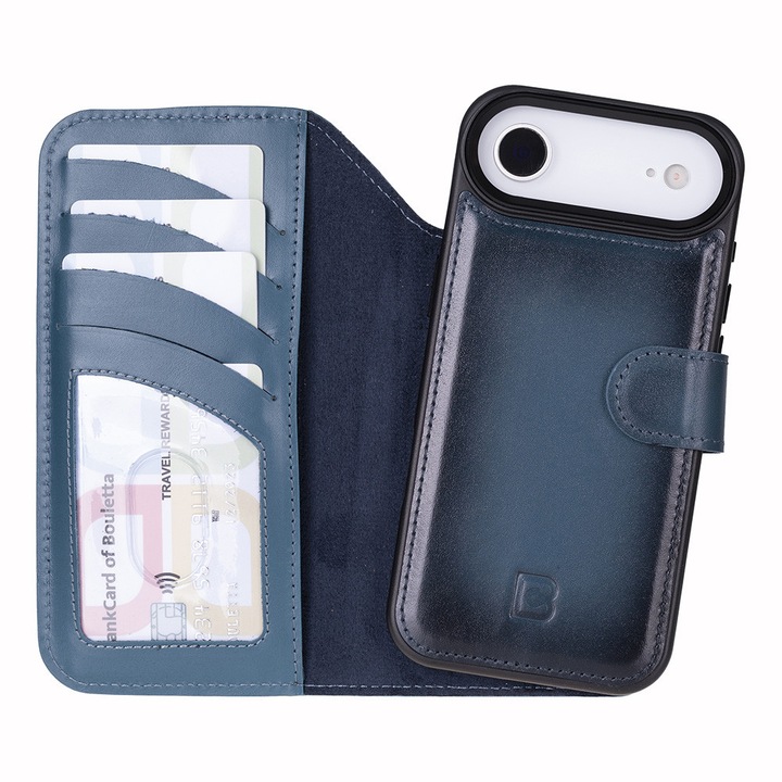 iPhone Air készülékkel kompatibilis tok Bouletta Magic Wallet, 2 az 1-ben természetes bőrtok, Magsafe-vel, pénztárca + back cover típus, Burnished blue, Kék