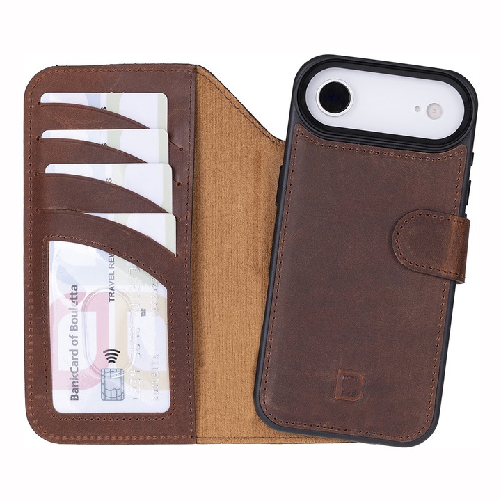 iPhone Air készülékkel kompatibilis tok Bouletta Magic Wallet, 2 az 1-ben természetes bőrtok, Magsafe-vel, pénztárca + back cover típus, Antique brown, Kávébarna