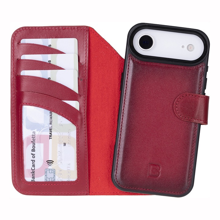 iPhone Air készülékkel kompatibilis tok Bouletta Magic Wallet, 2 az 1-ben természetes bőrtok, Magsafe-vel, pénztárca + back cover típus, Piros Burnished red