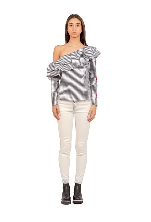 BY Byblos, Bluza cu dungi, decolteu pe un umar si volane Aralia Elite, Alb/Negru