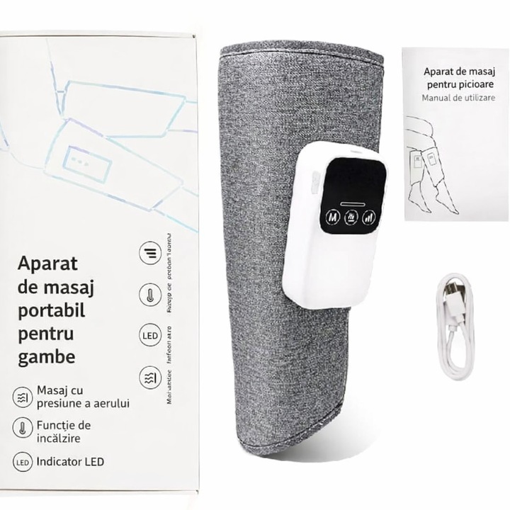 Láb- és vádlimasszírozó készülék, légnyomásos és fűtés funkcióval, 3 masszázsmód, 3 intenzitási szint, USB töltés, LED kijelző, szürke